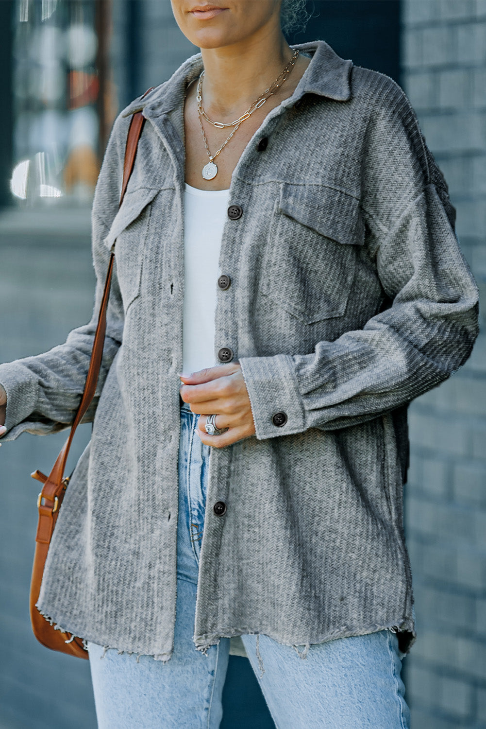 Gray Button Down Raw Edge Shacket