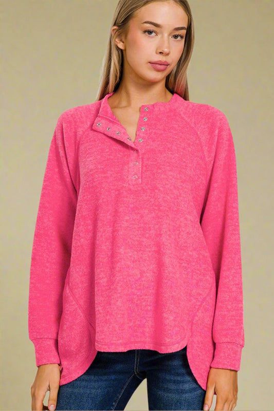 Brushed Hacci Knit High-Low Sweater in Fuchsia