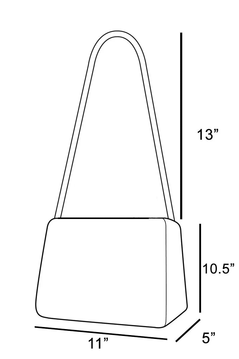 Line drawing of a handbag with dimensions labeled