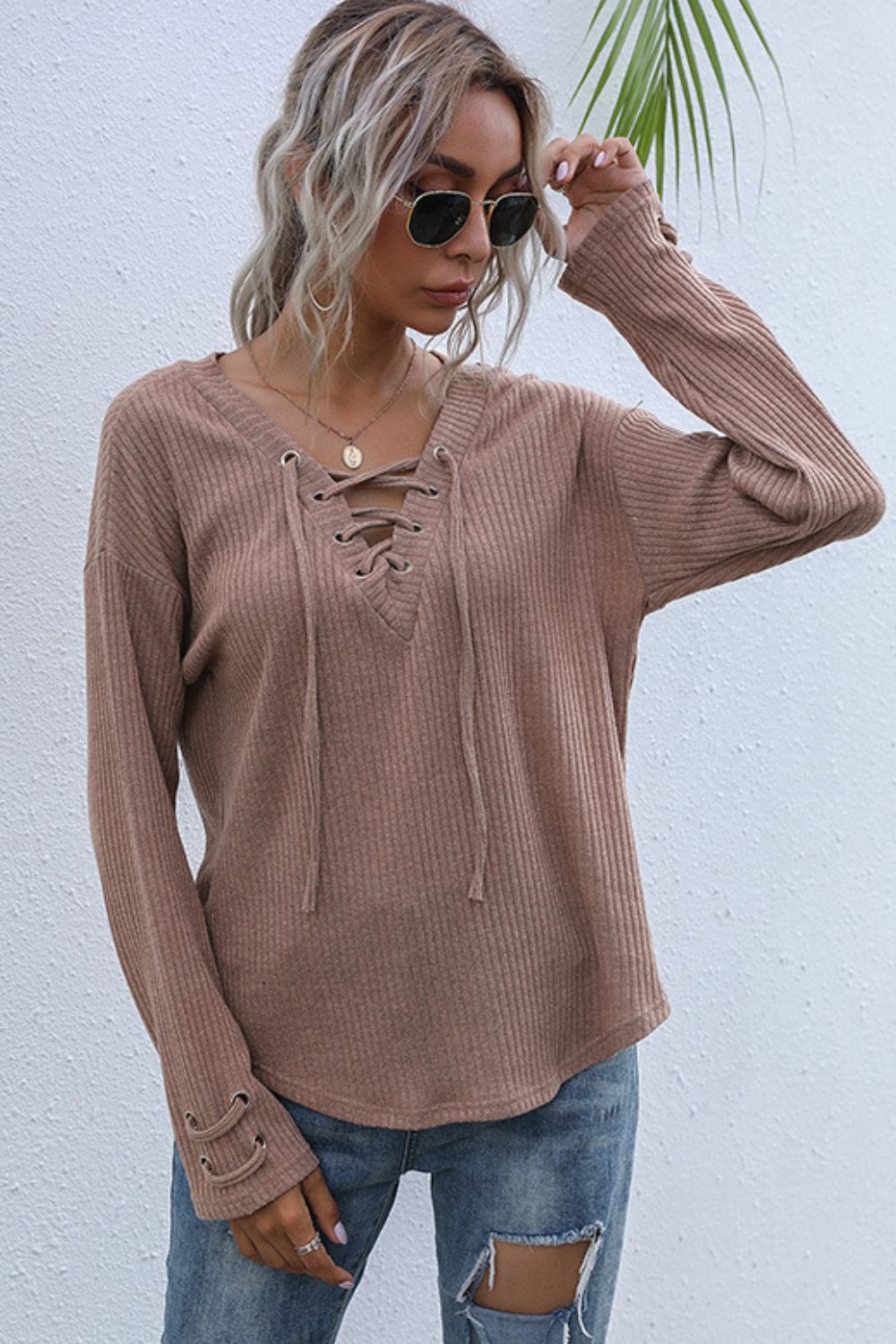 Lace-Up V-Neck Rib Knit Top