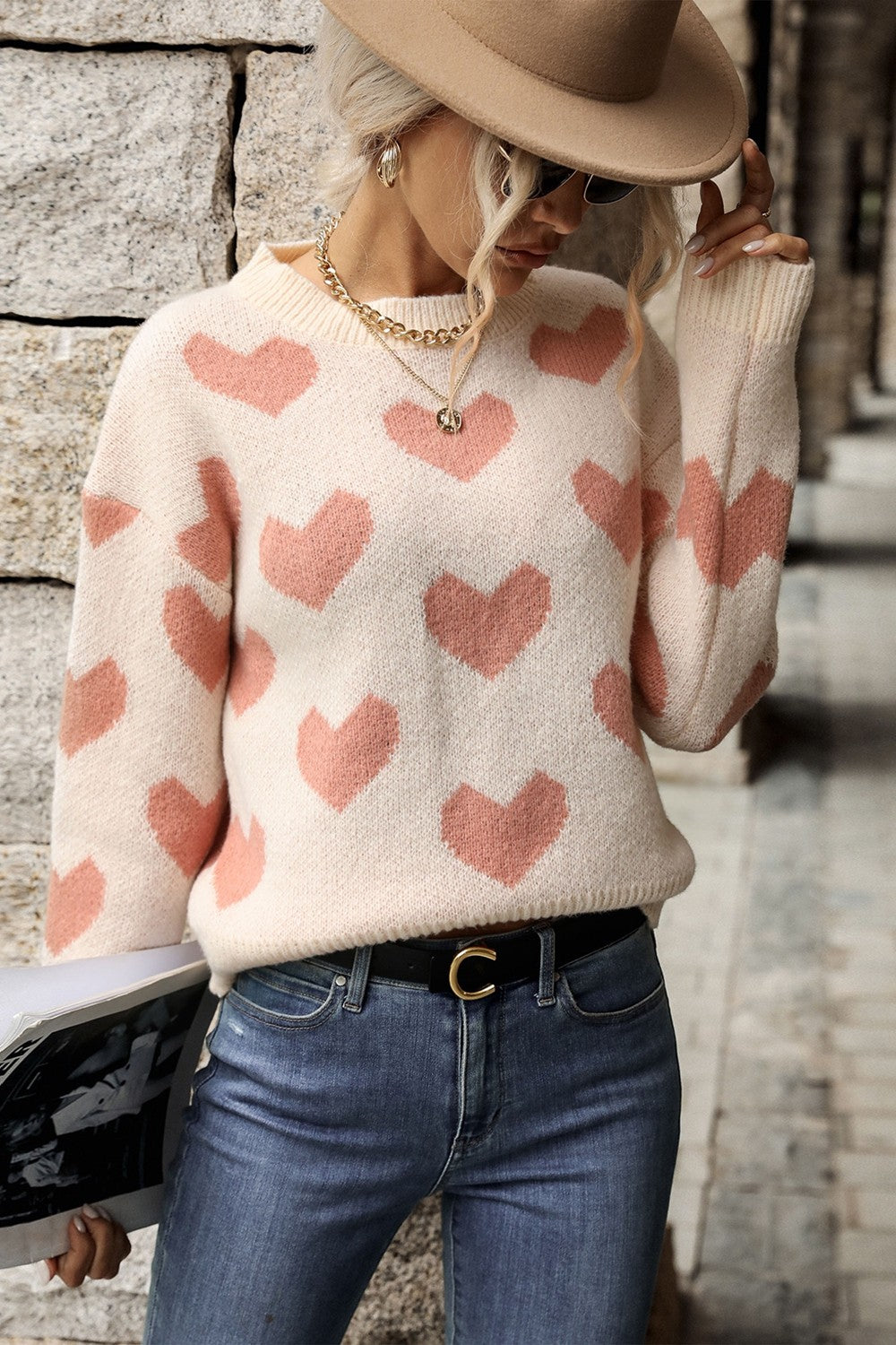 Heart Pattern Long Sleeve Sweater