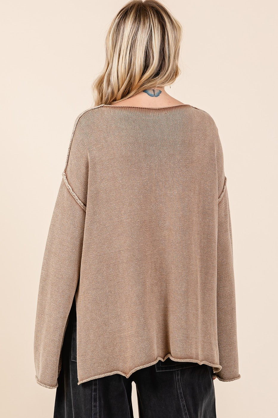 Mineral Wash Sweater with Pockets in Latte