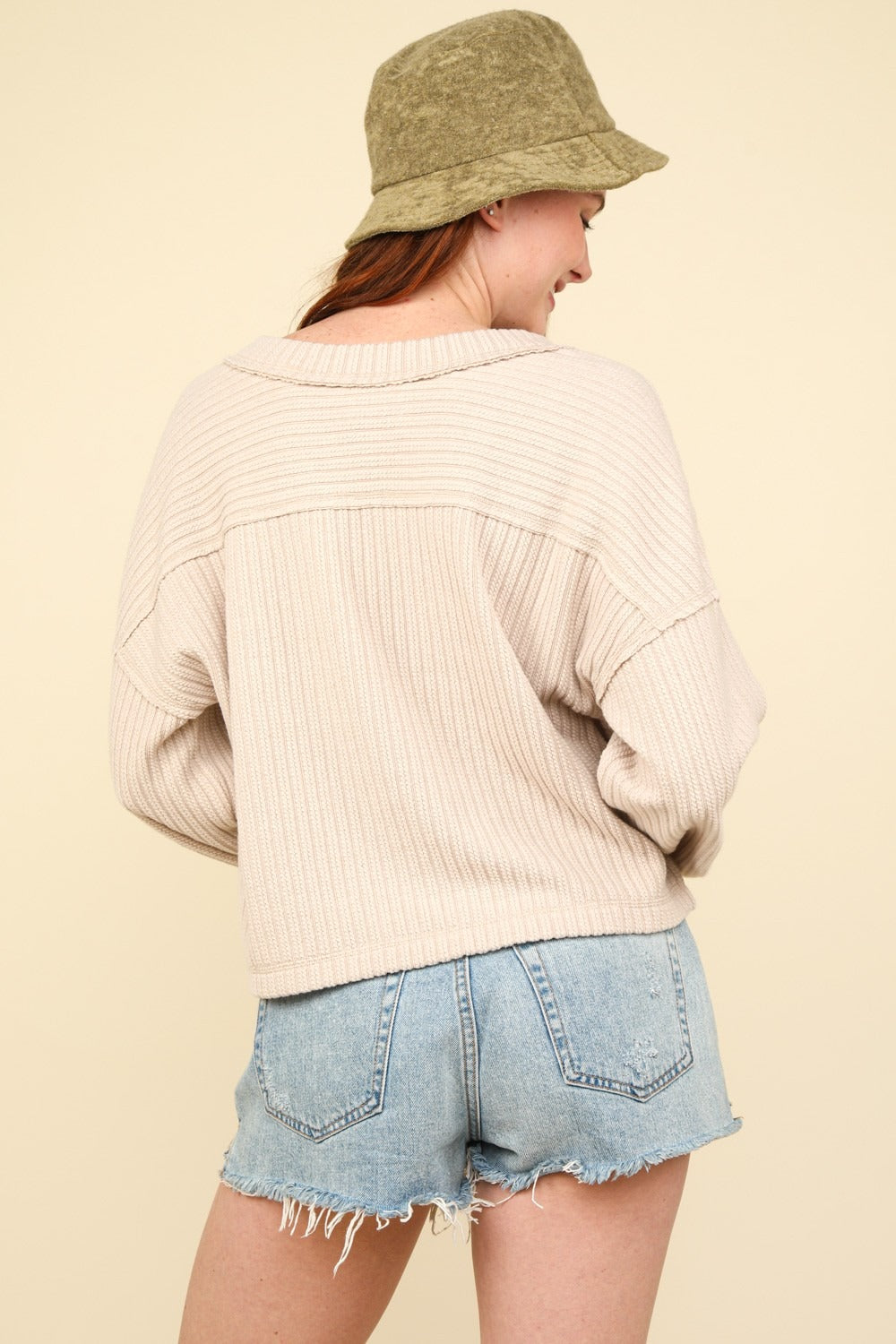 Exposed Seams V-Neck Rib Knit Top in Ecru