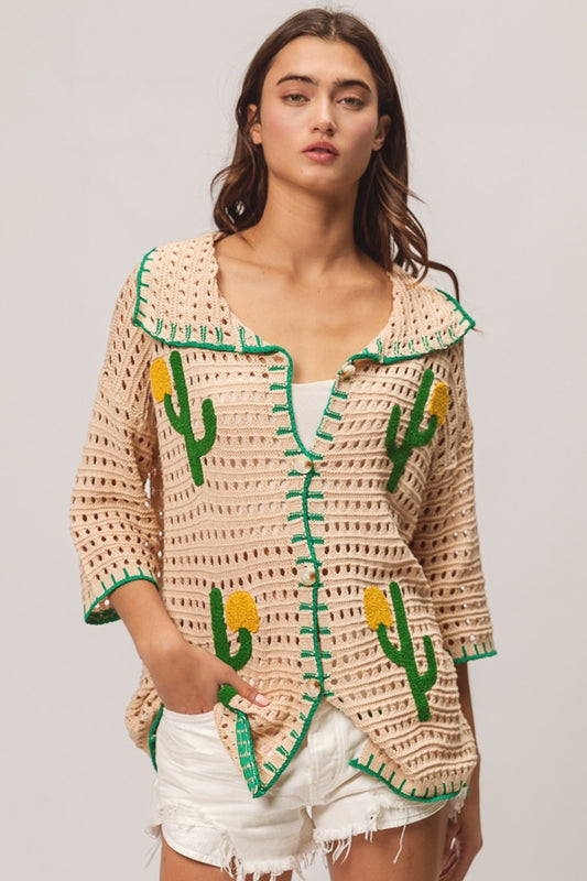 Edge Stitched Cactus Patch Sweater Cardigan in Oatmeal Green