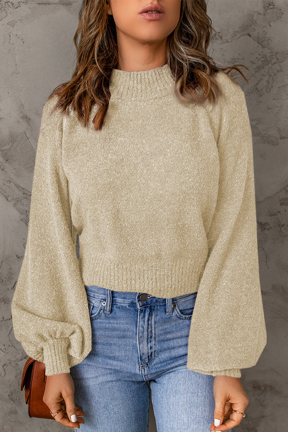 Rib Knit Trim Balloon Sleeve Sweater