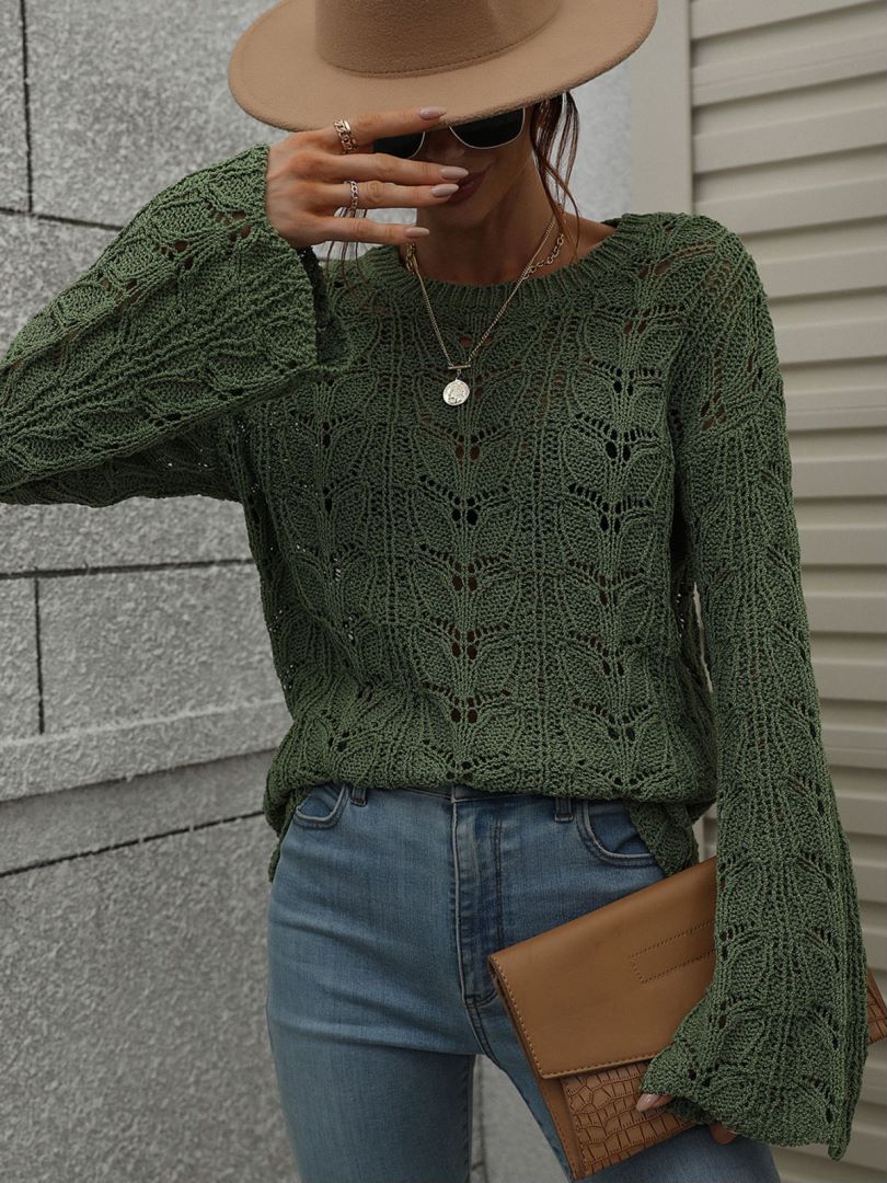 Long Bell Sleeve Crochet Knit Top