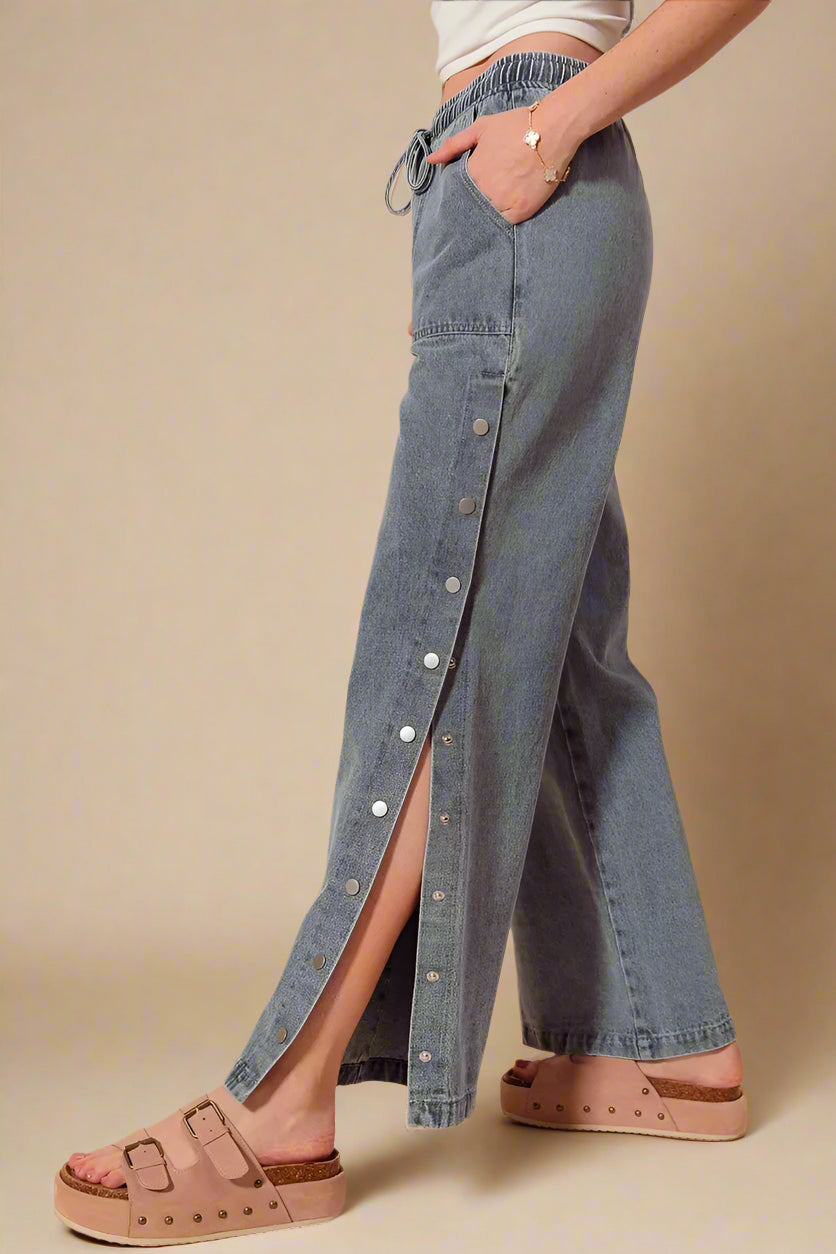 Denim Snap Button Wide Leg Pants