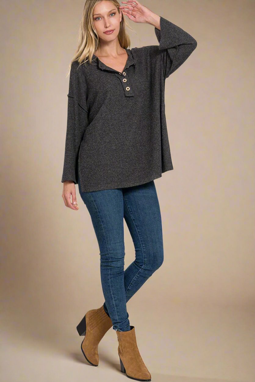 Black Rib Knit Half Button Tunic Top