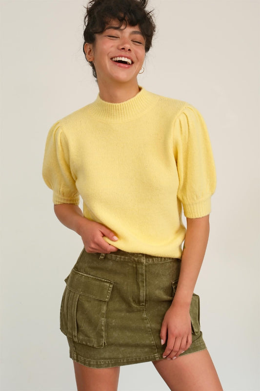 Mock Neck Puff Sleeve Sweater in Creamy Yellow