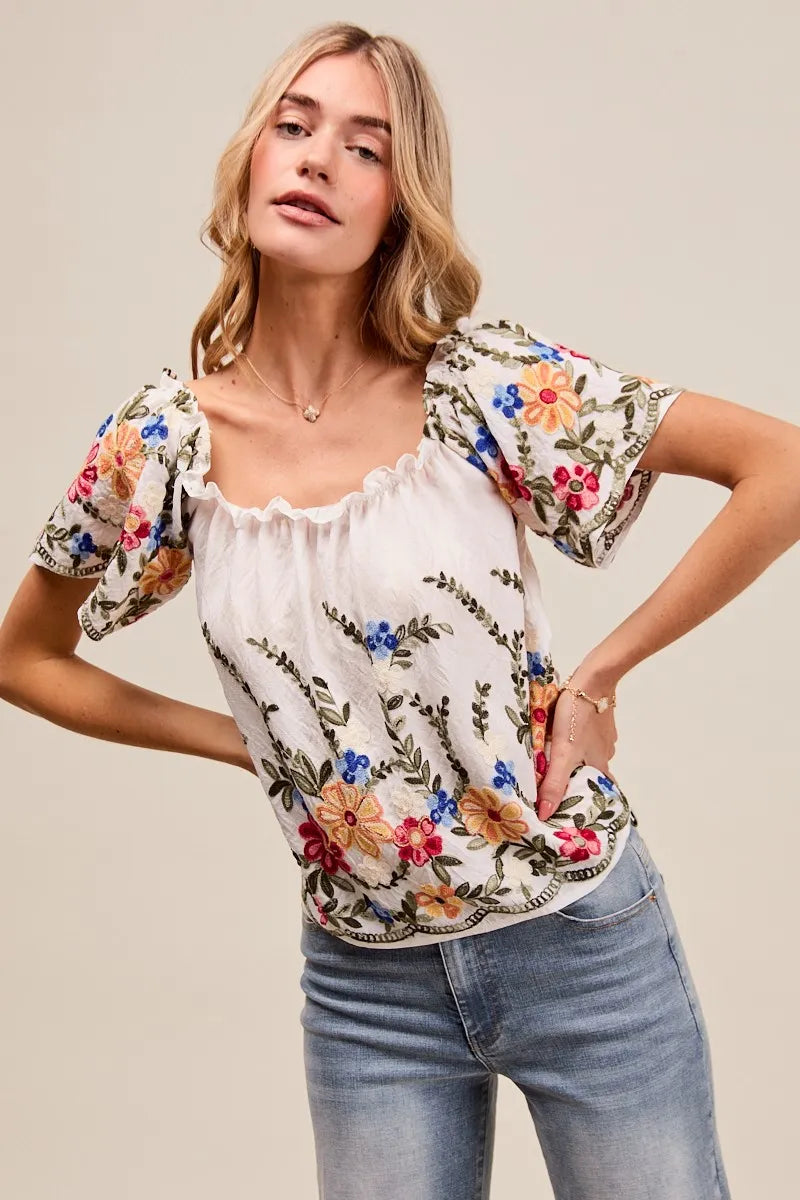 Woman wearing a floral embroidered blouse and jeans against a neutral background
