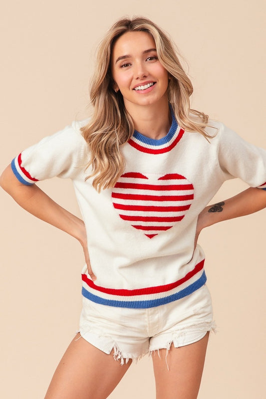 US Flag Theme Striped Heart Sweater in Ivory