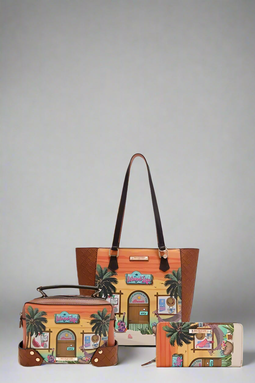 Set of three bags with a tropical design on a white background