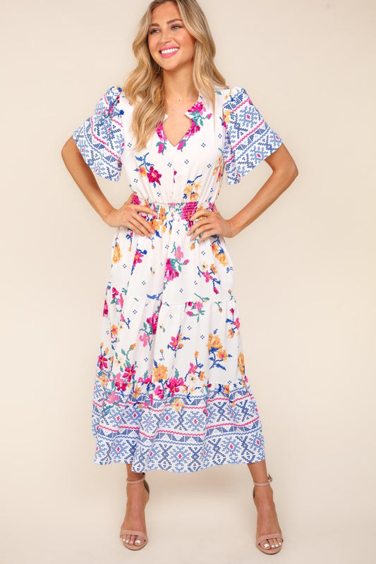 Floral Print Smocked Waist Maxi Dress in Ivory Blue