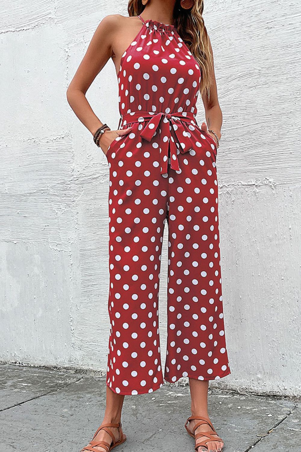 Polka Dot Grecian Neckline Wide Leg Jumpsuit