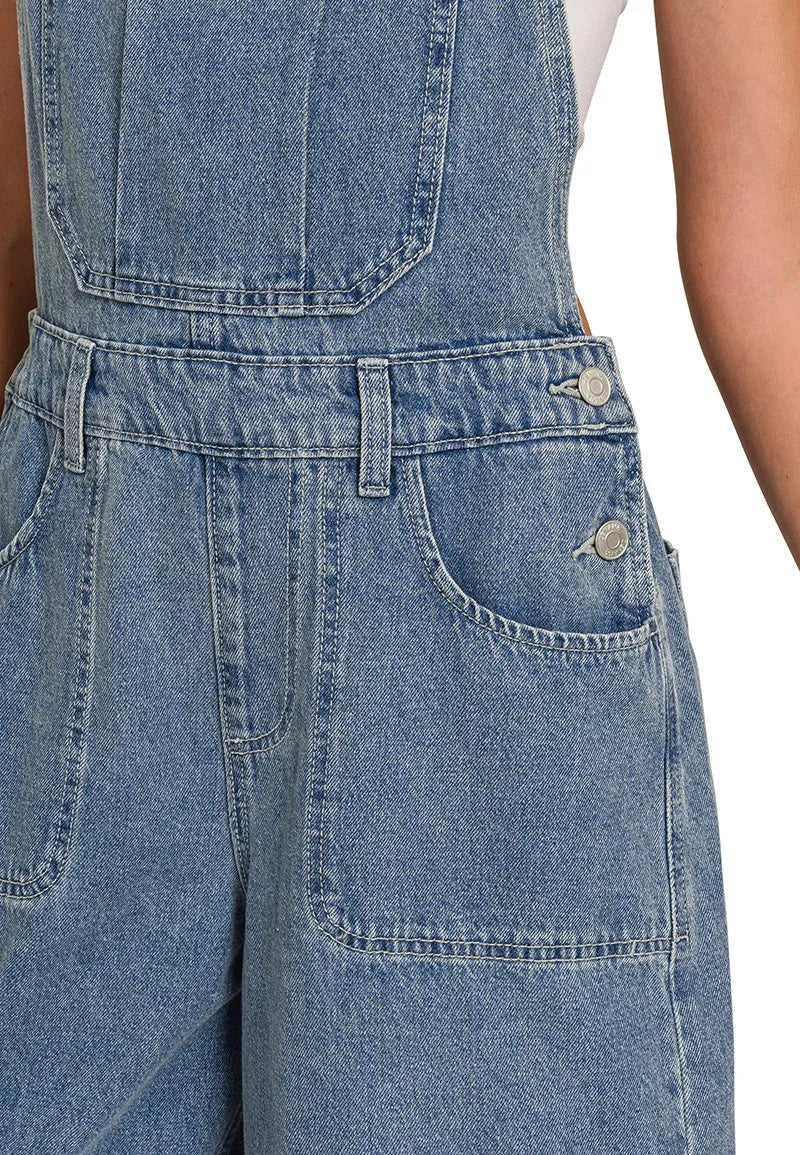 Close-up of blue denim overalls with a blurred background