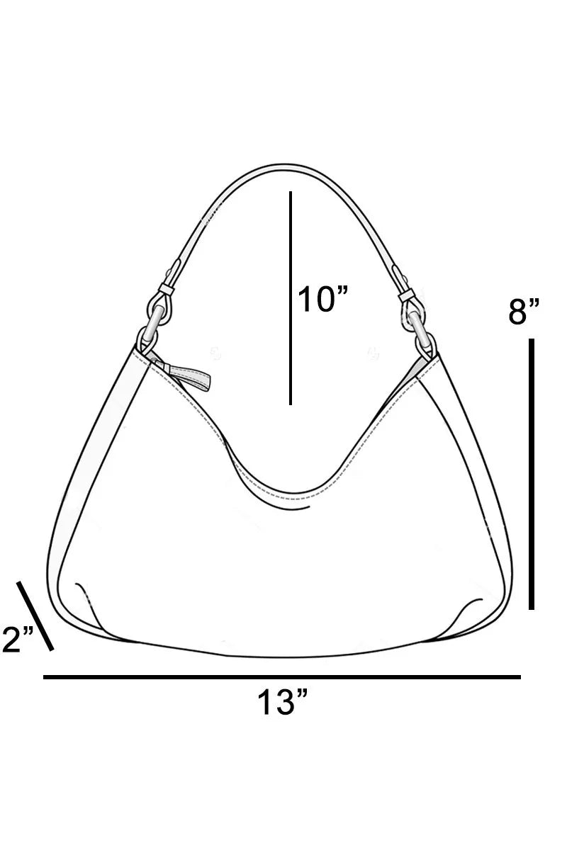 Line drawing of a handbag with dimensions labeled