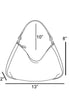 Line drawing of a handbag with dimensions labeled