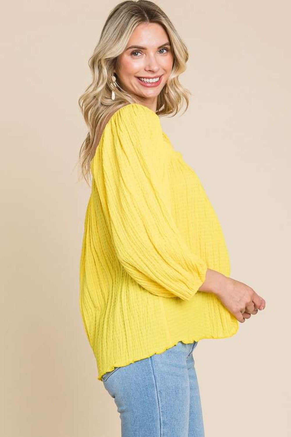 Textured Square Neck Puff Sleeve Top in Lemonade