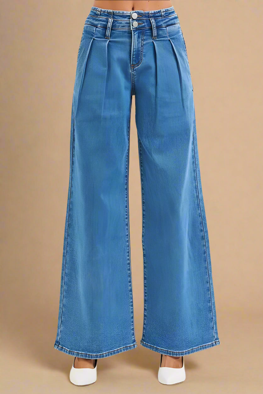 Blue wide-leg jeans on a white background