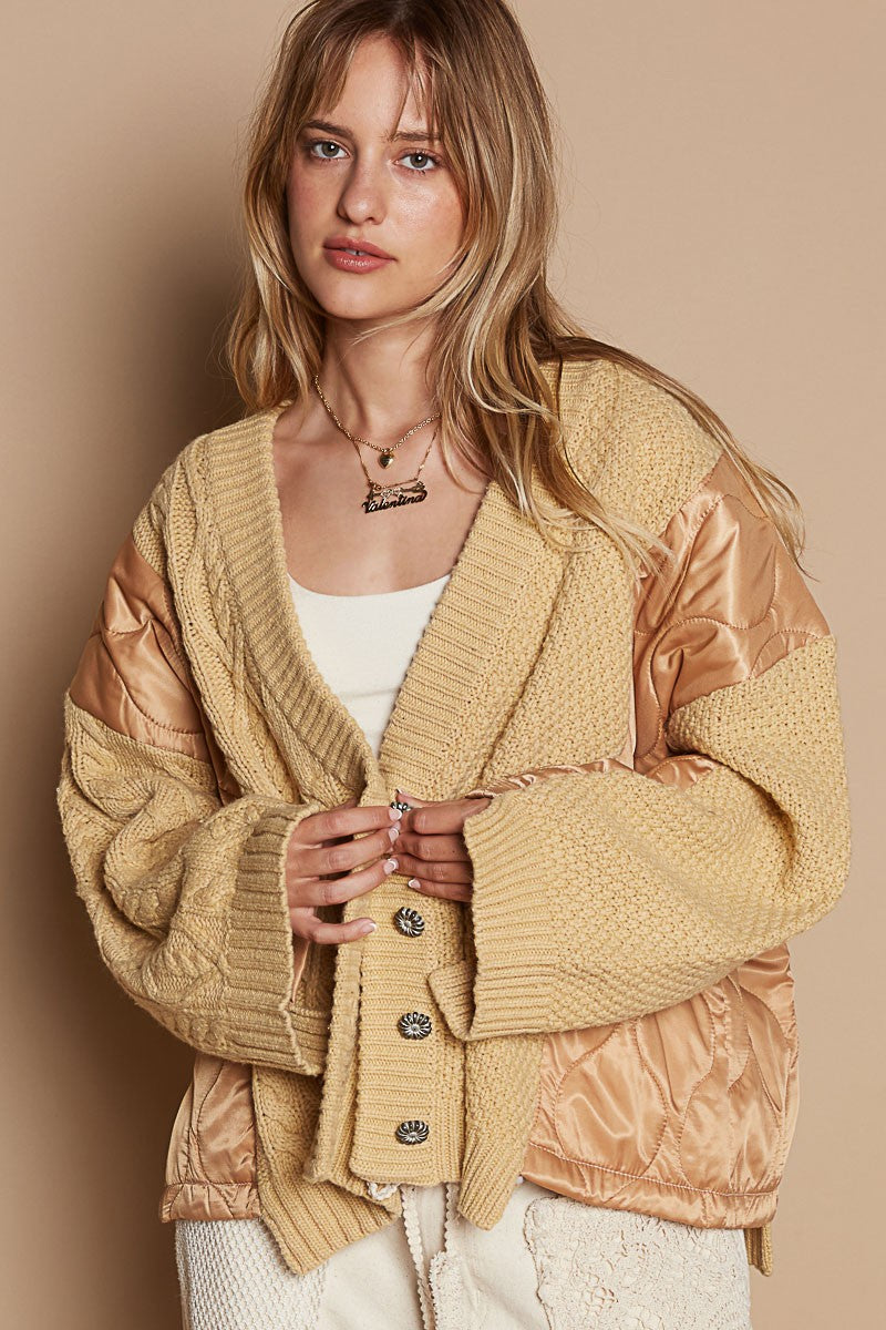 Quilted Button Up Cable Knit Jacket in Camel