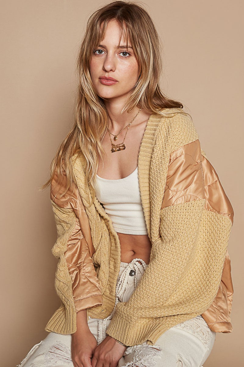 Quilted Button Up Cable Knit Jacket in Camel