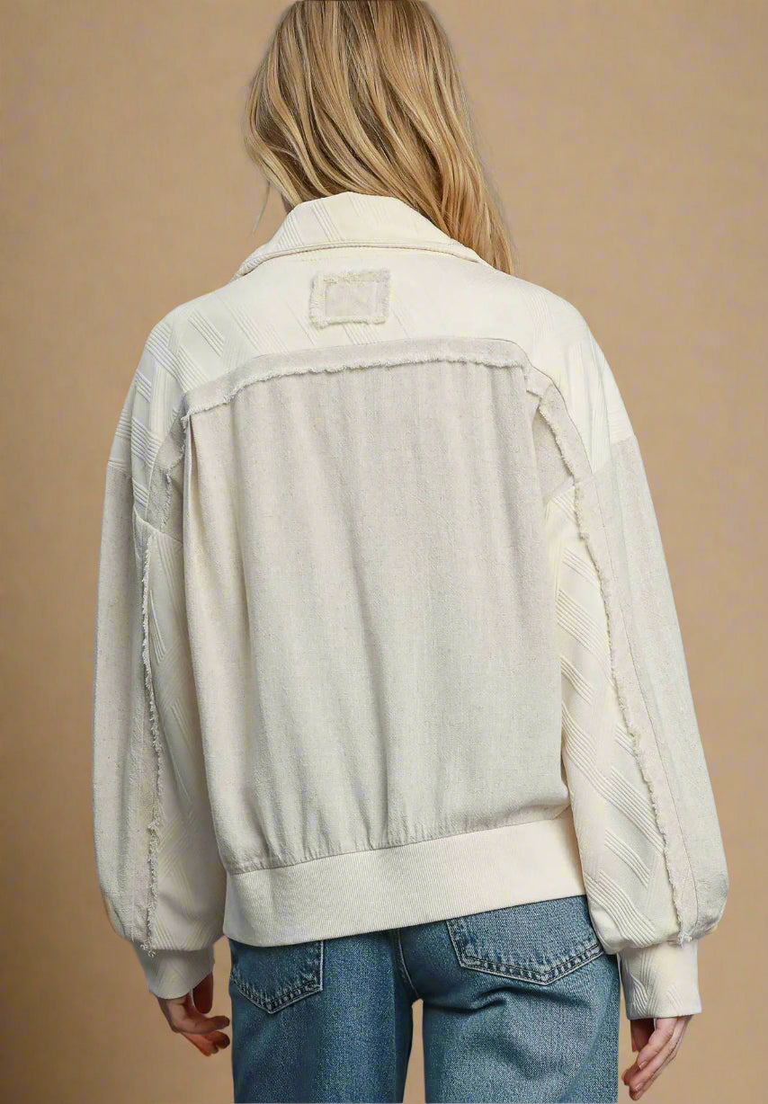 Ivory Mixed Fabric Zip Up Jacket