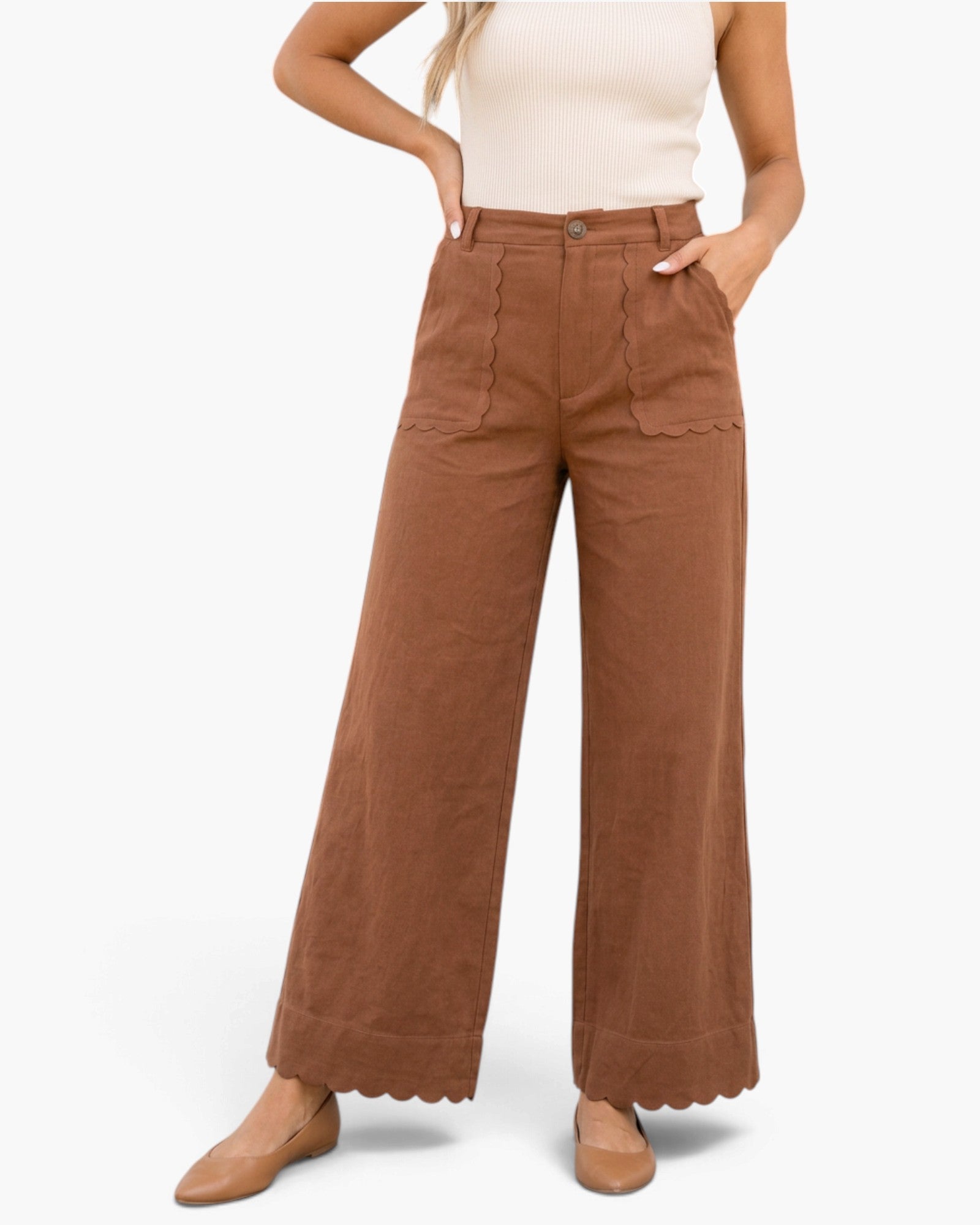 Camel Scalloped Pocket & Hem Wide-Leg Pants