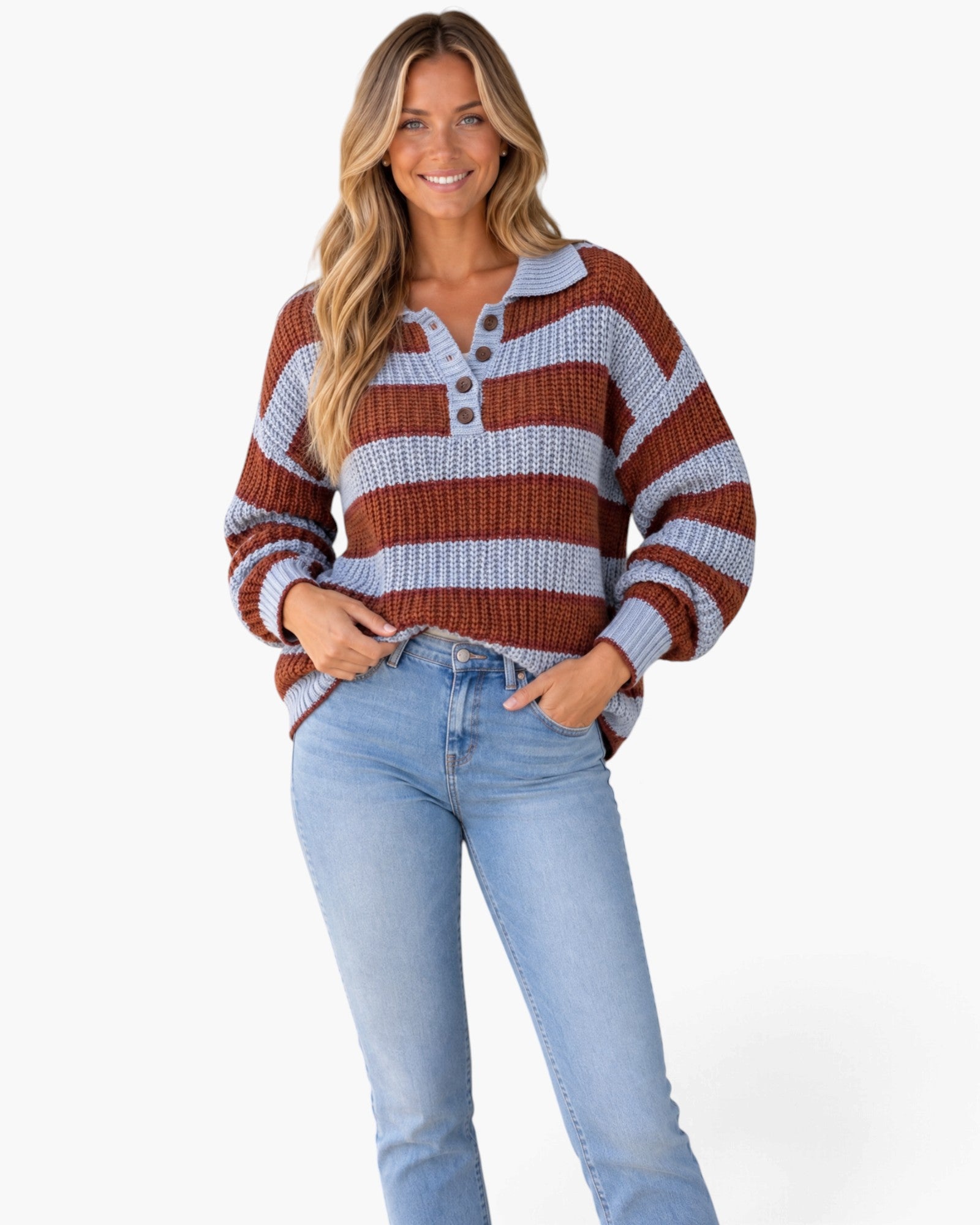 Rust & Light Blue Striped Henley Sweater