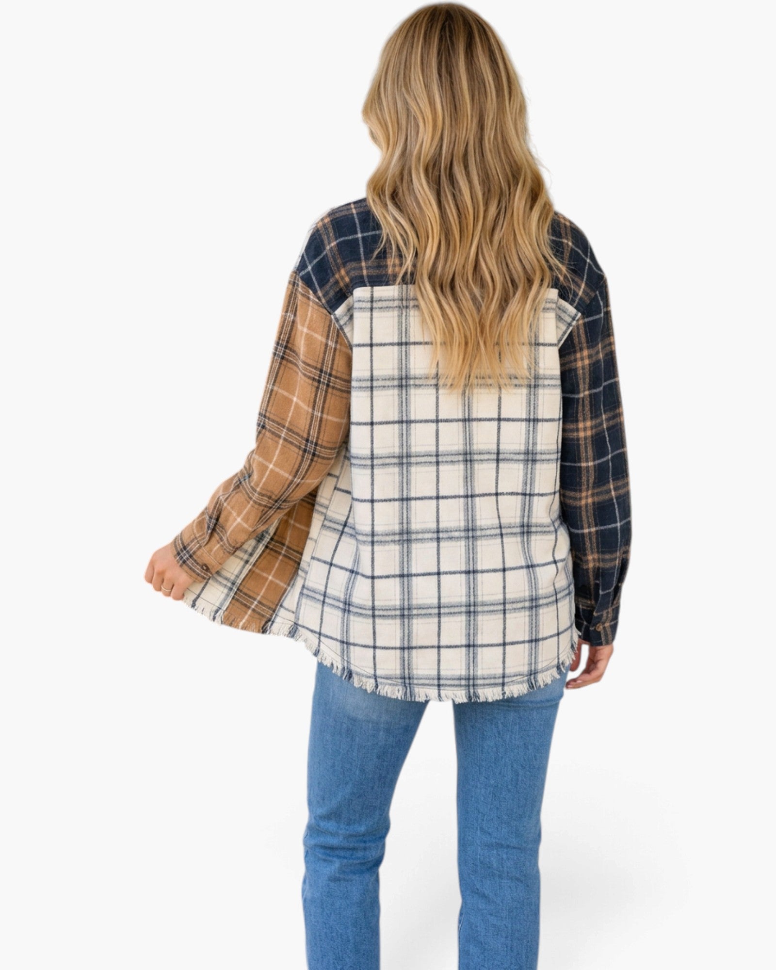 Cream, Camel & Navy Patchwork Plaid Shacket