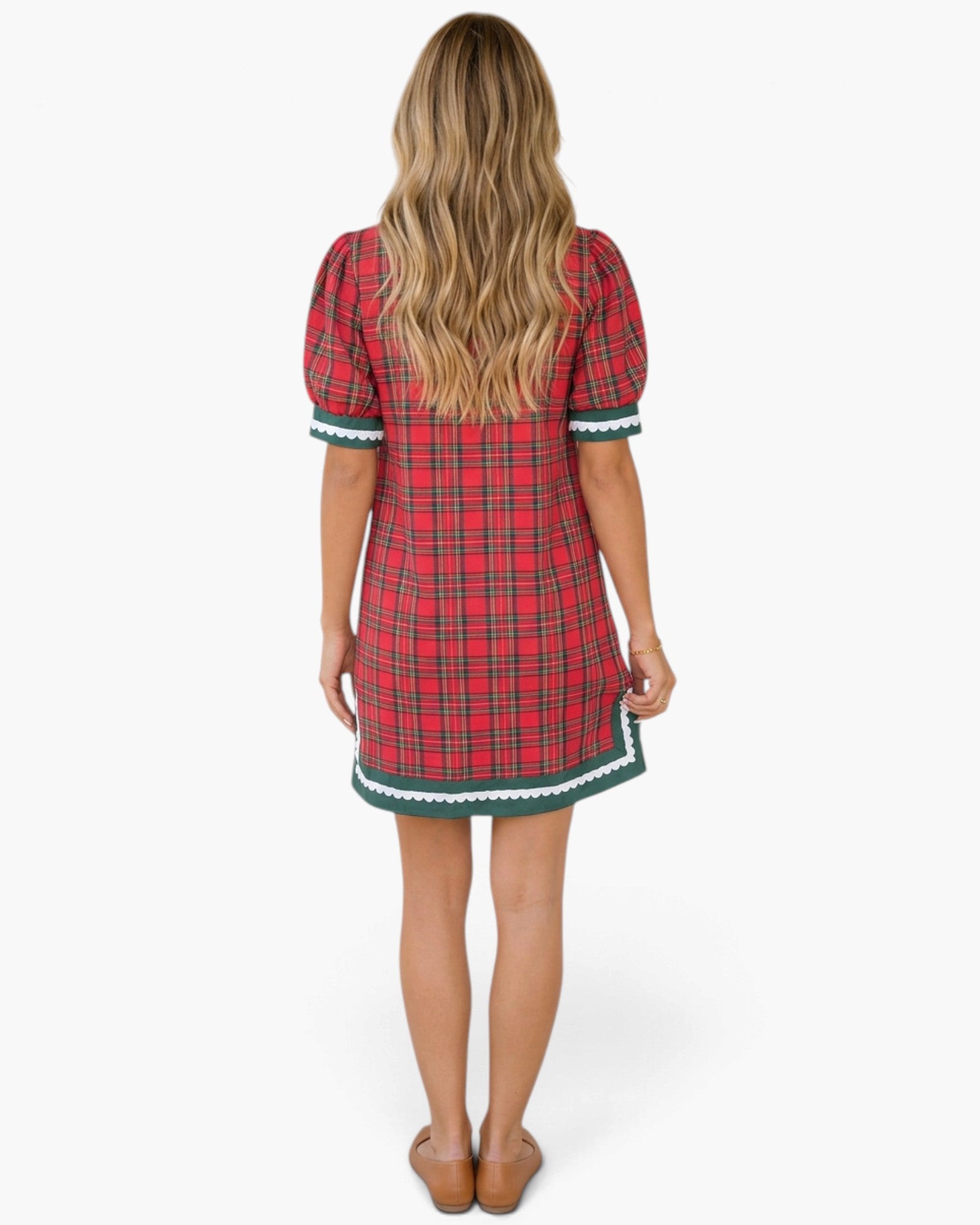 Red & Green Plaid Scallop-Trim Mini Dress