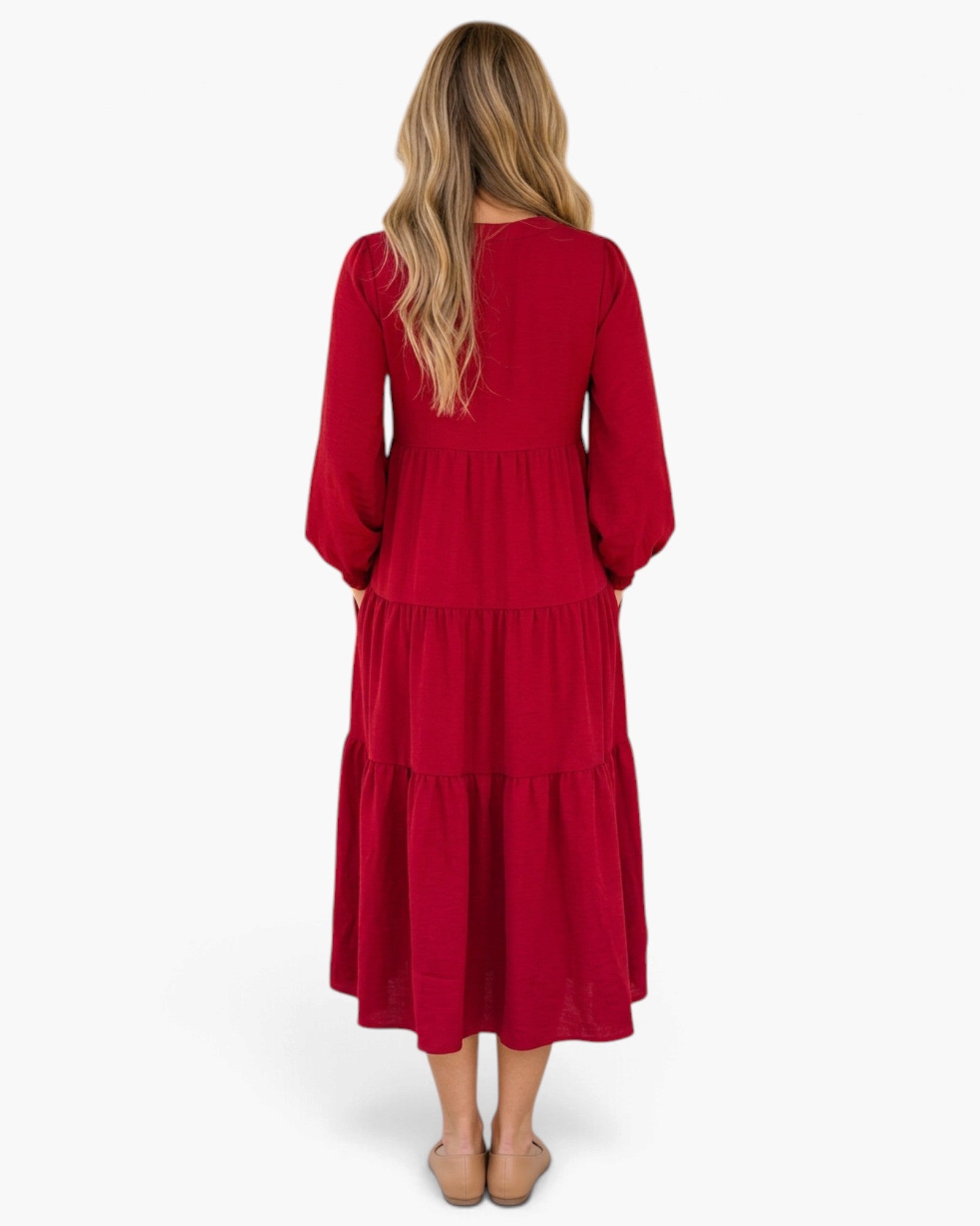 Red Balloon Sleeve Tiered Midi Dress
