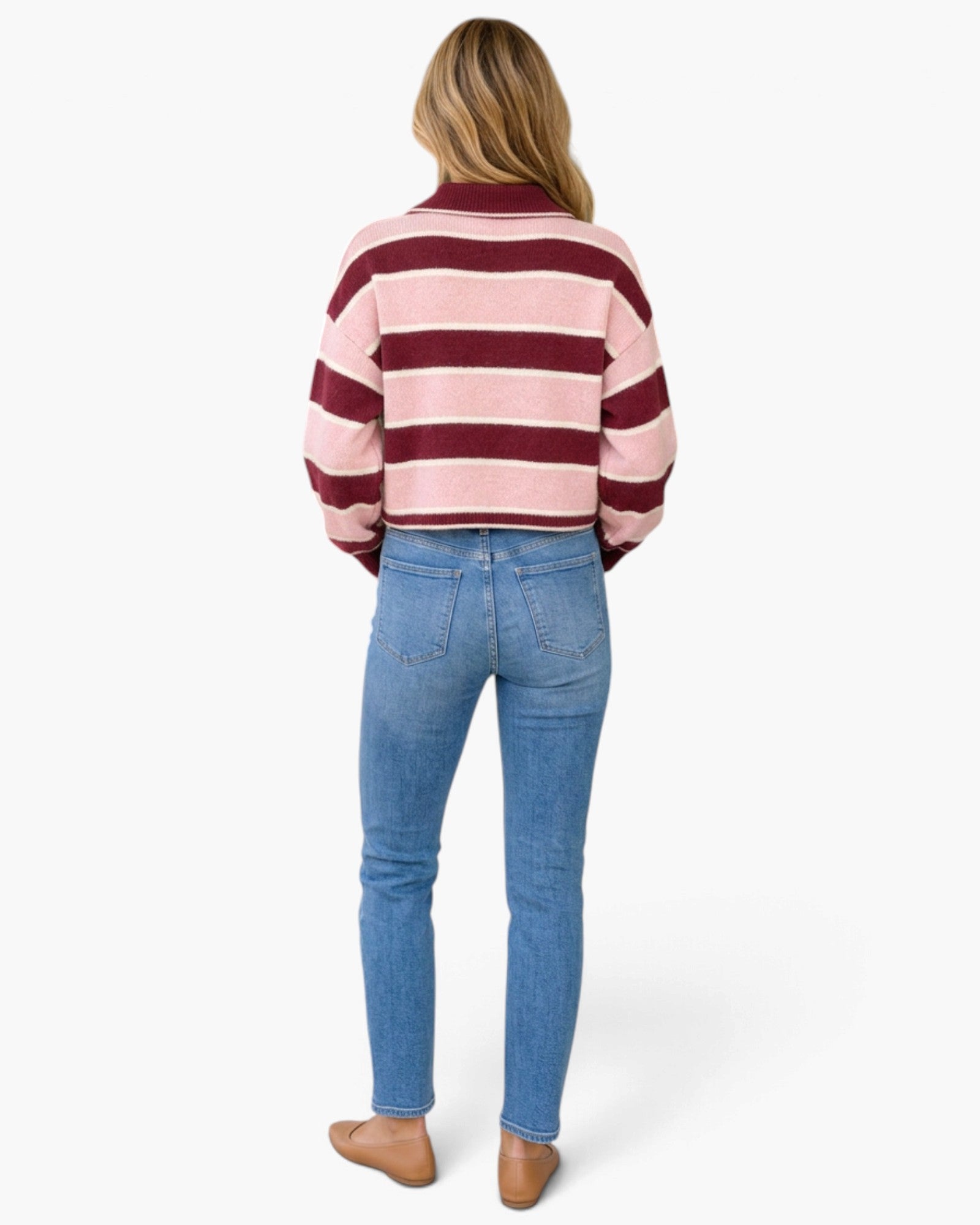 Pink & Burgundy Striped Polo Sweater