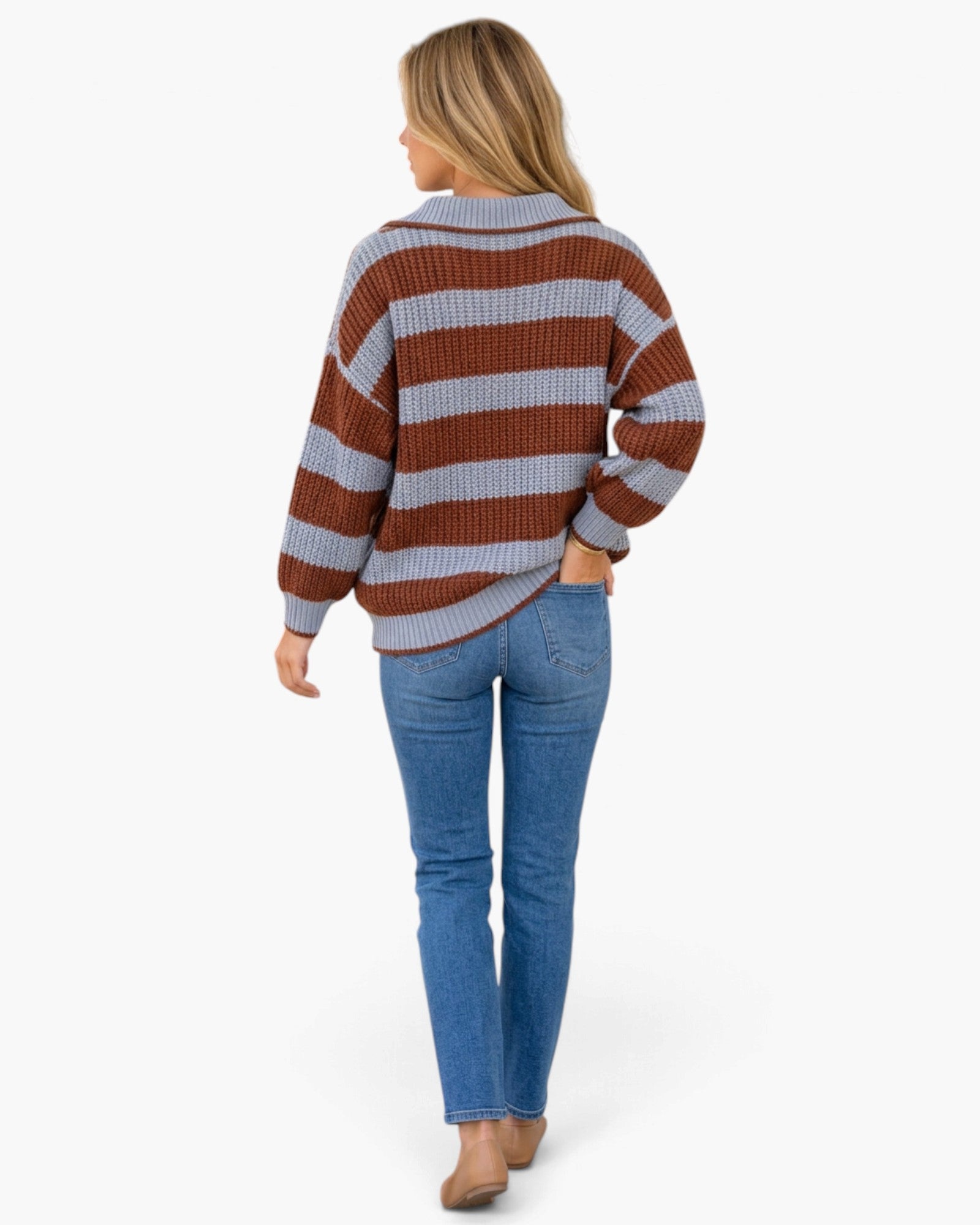 Rust & Light Blue Striped Henley Sweater