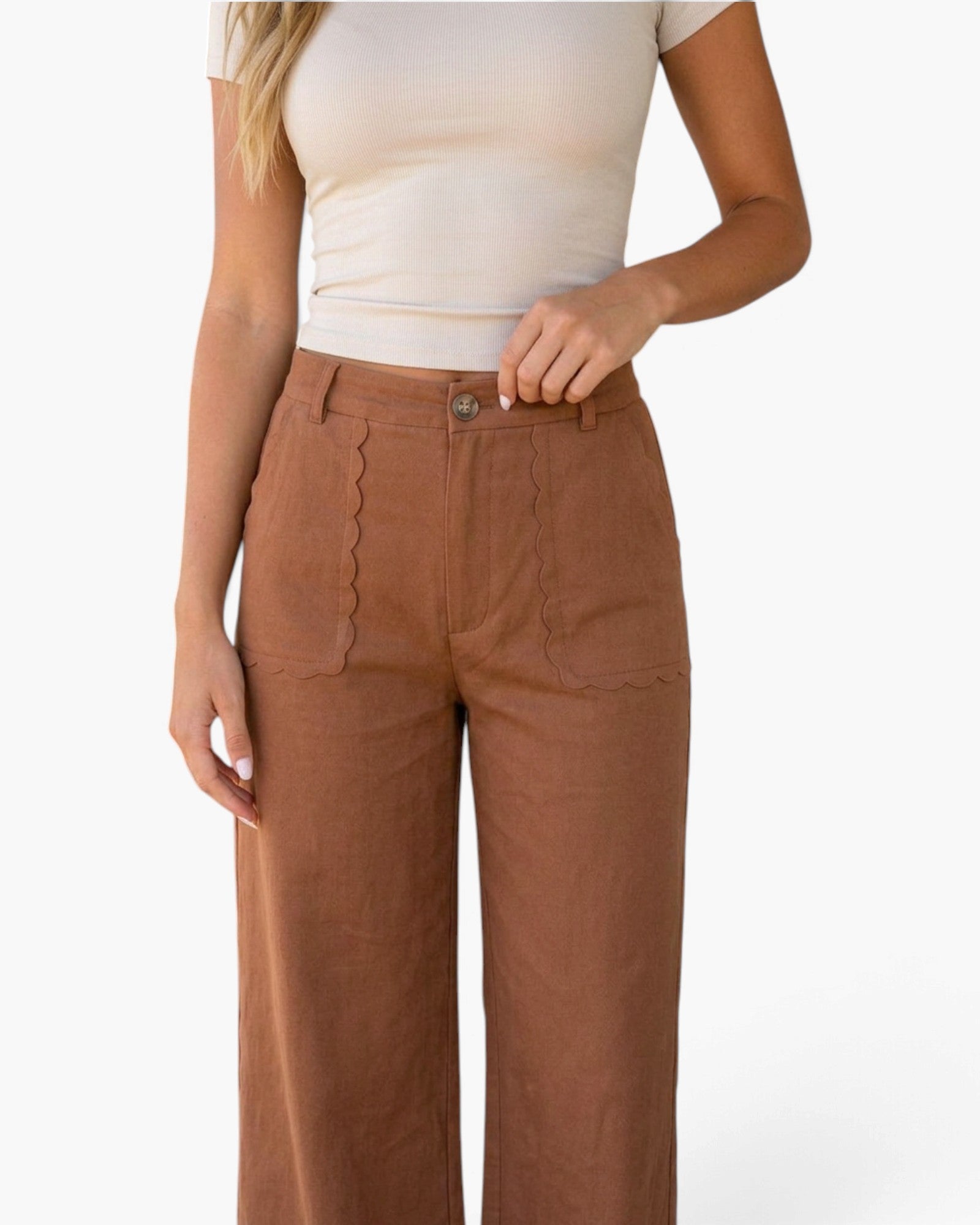 Camel Scalloped Pocket & Hem Wide-Leg Pants