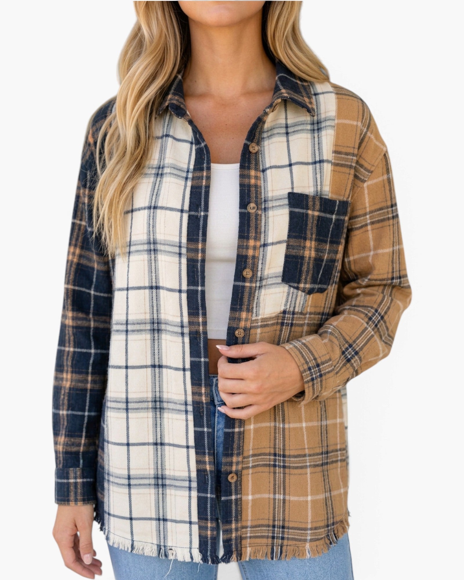 Cream, Camel & Navy Patchwork Plaid Shacket