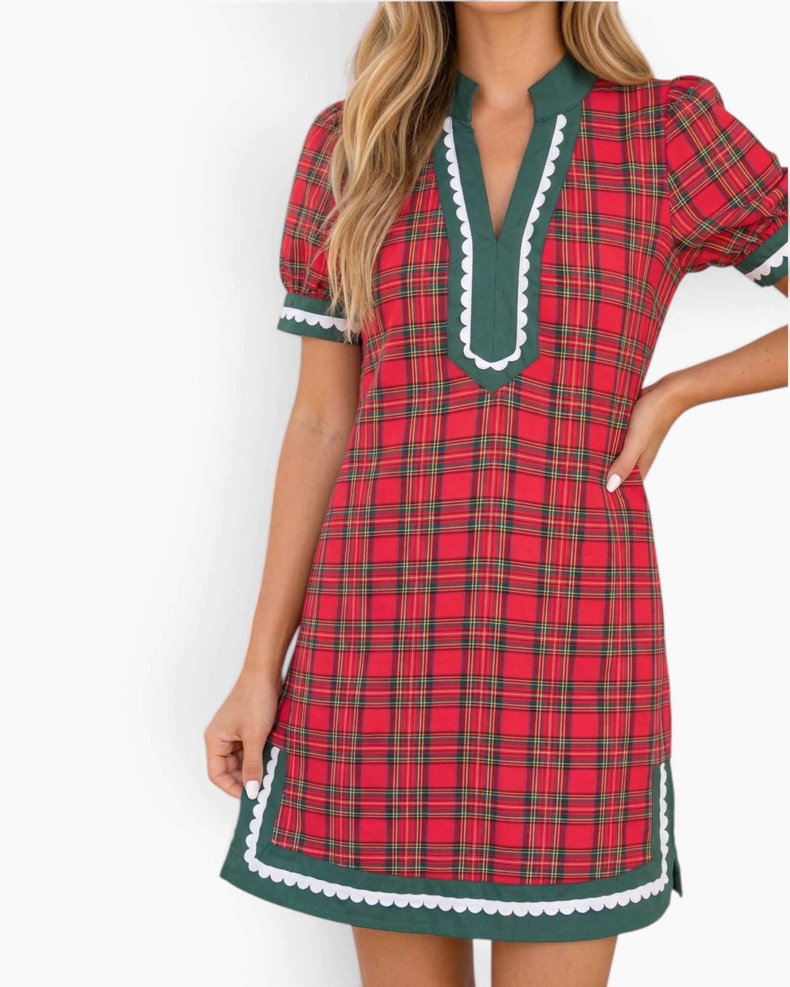 Red & Green Plaid Scallop-Trim Mini Dress