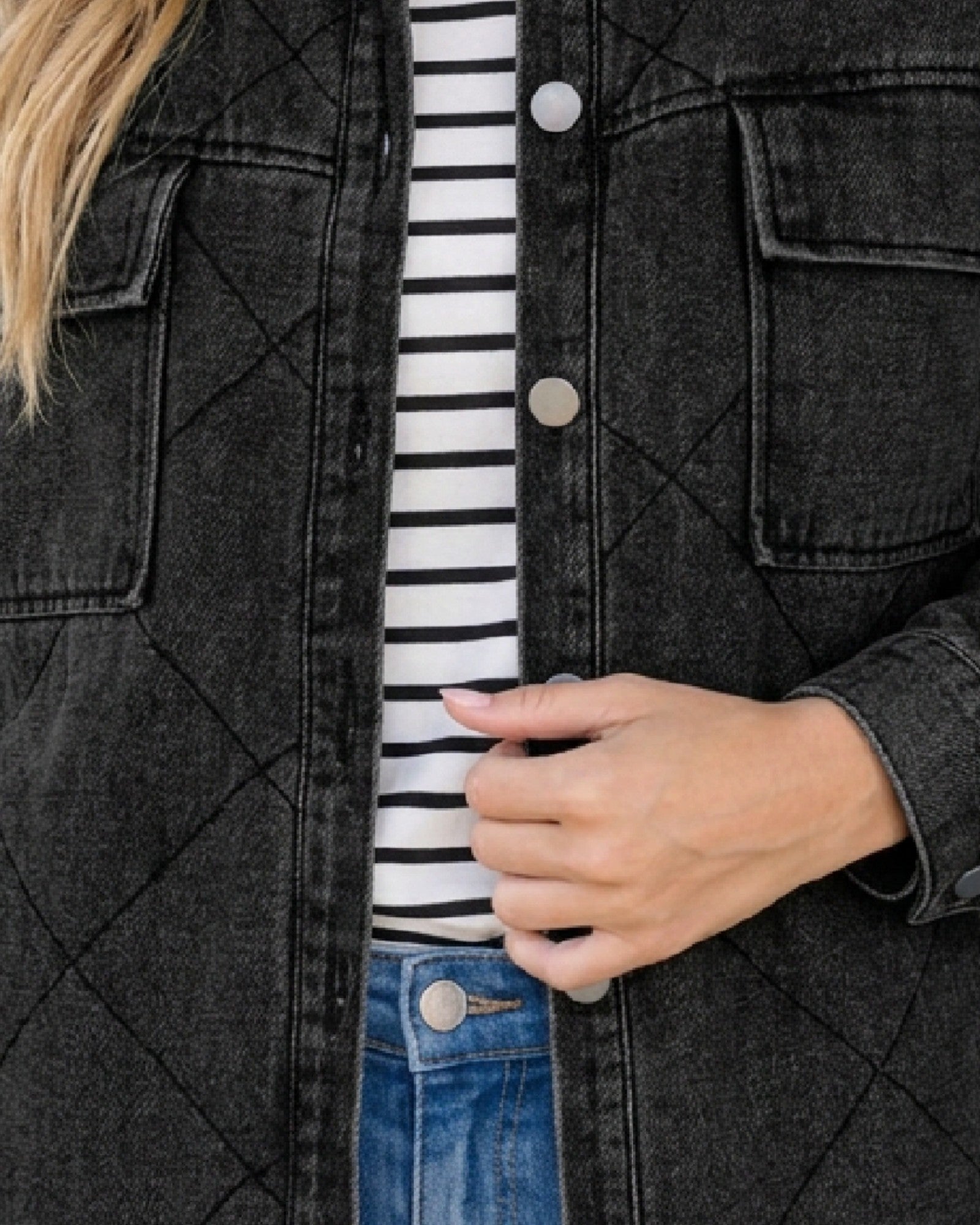 Washed Black Quilted Denim Shacket