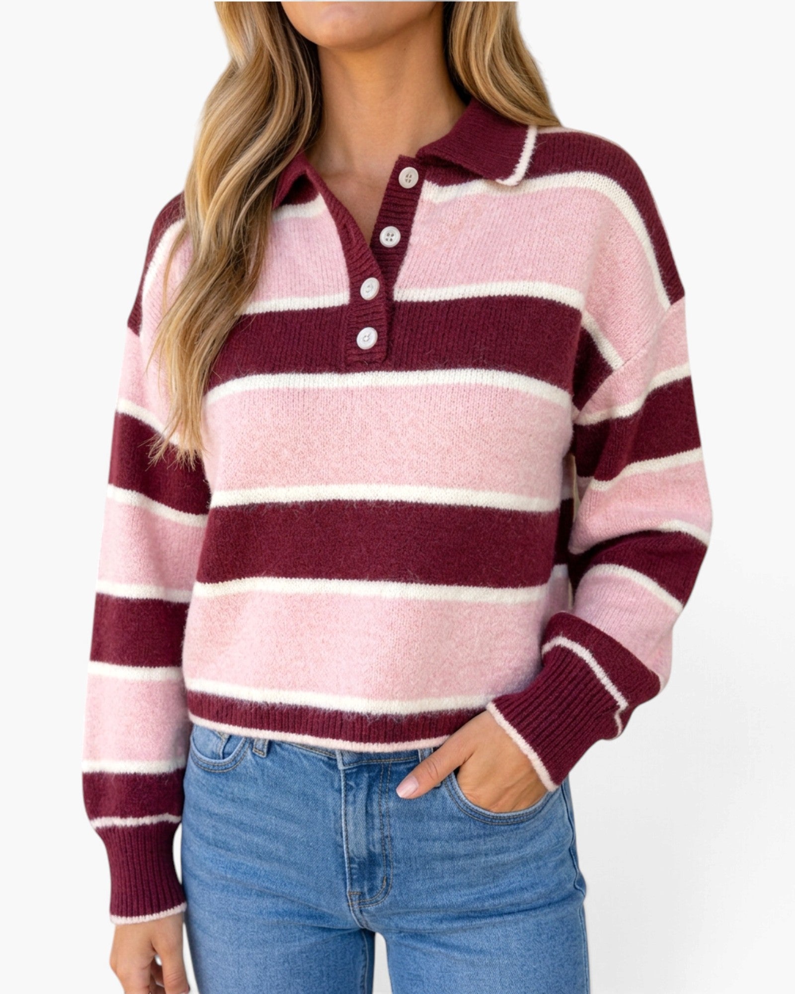 Pink & Burgundy Striped Polo Sweater