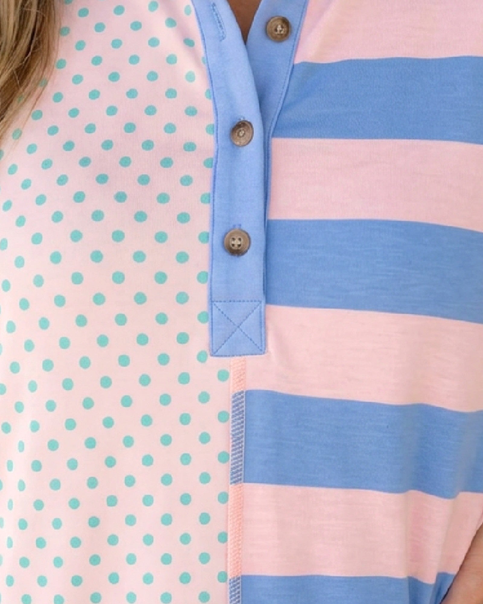 Pink & Blue Stripe & Polka Dot Collared Top