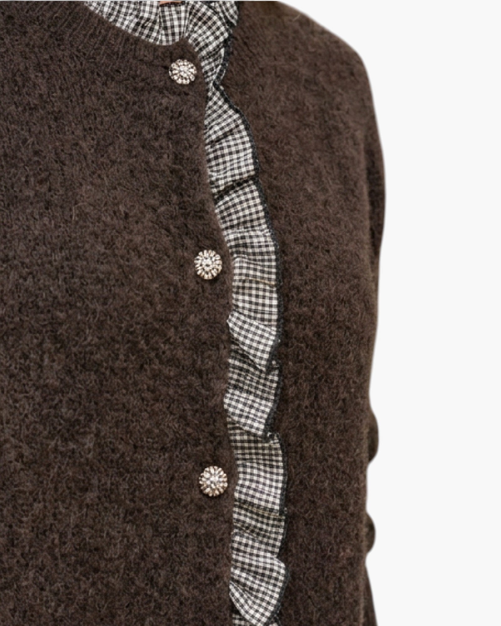 Chocolate Brown Gingham Ruffle & Jeweled Button Cardigan