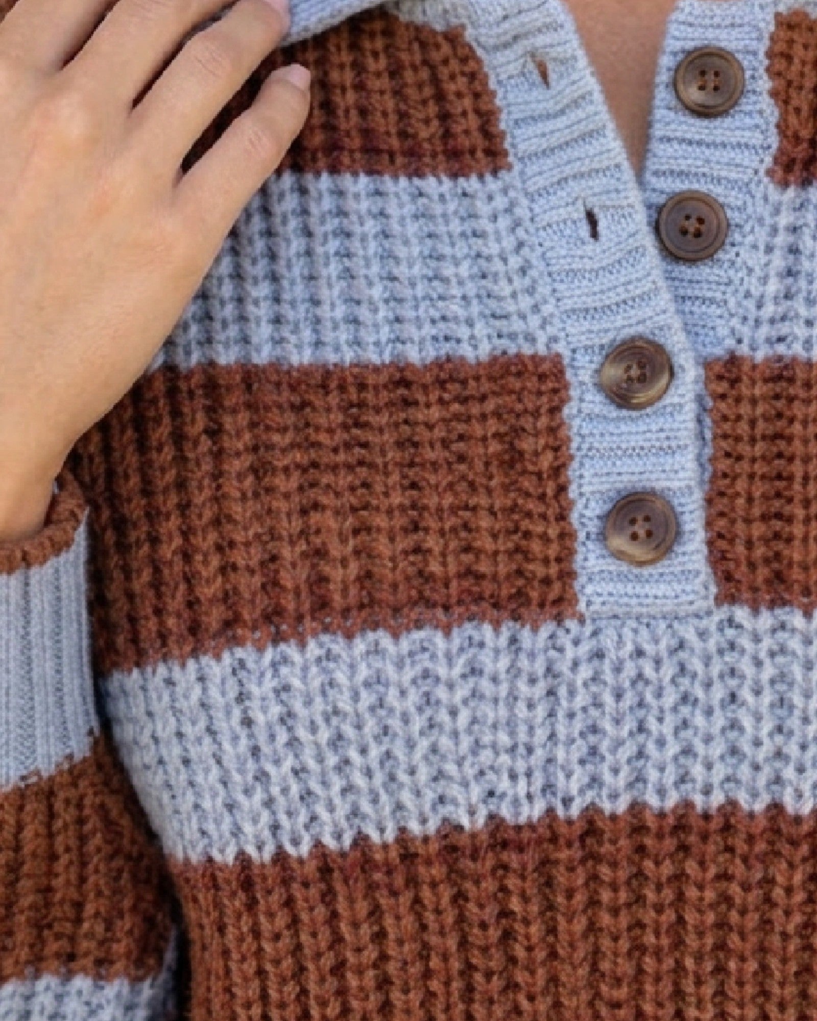 Rust & Light Blue Striped Henley Sweater