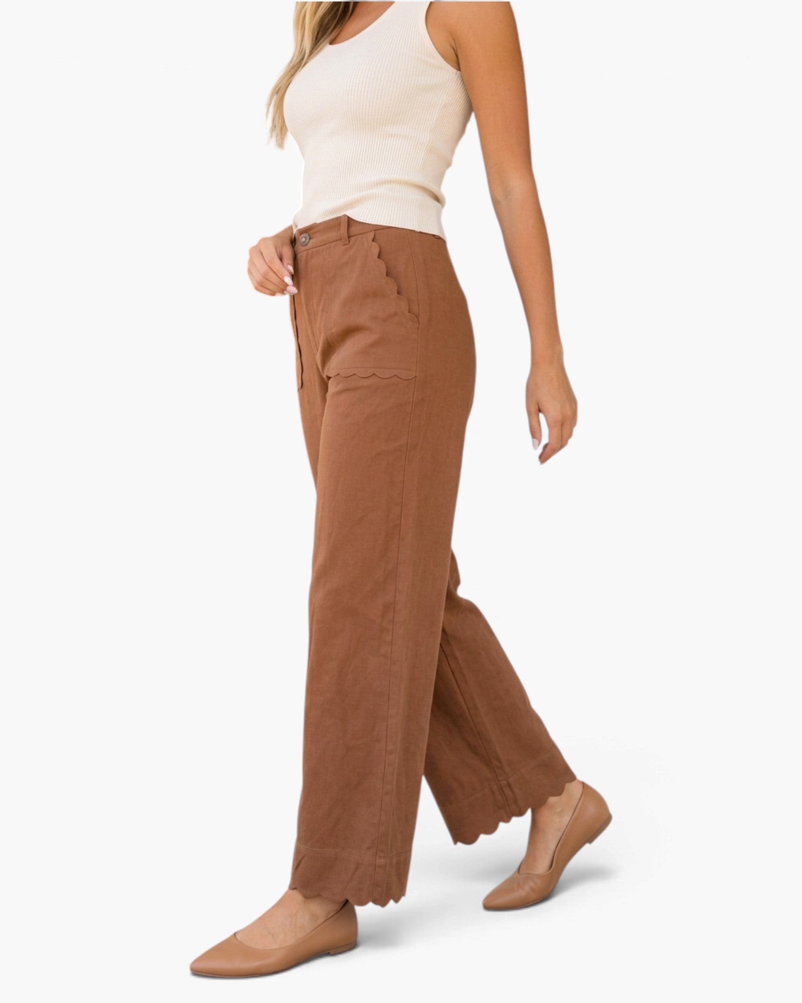 Camel Scalloped Pocket & Hem Wide-Leg Pants