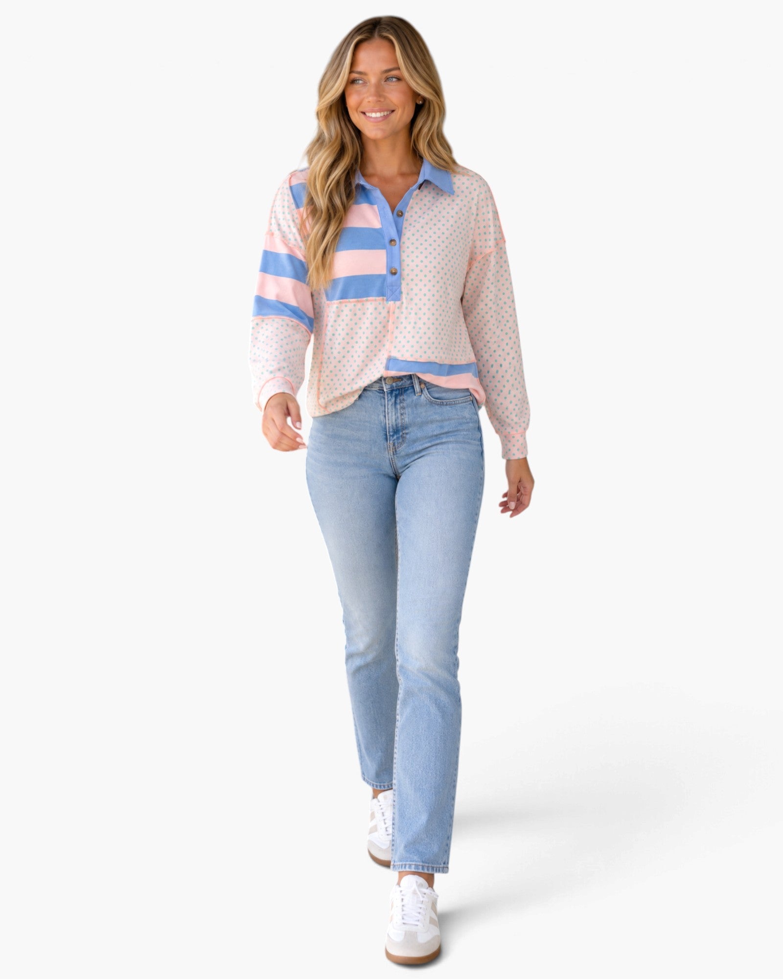Pink & Blue Stripe & Polka Dot Collared Top