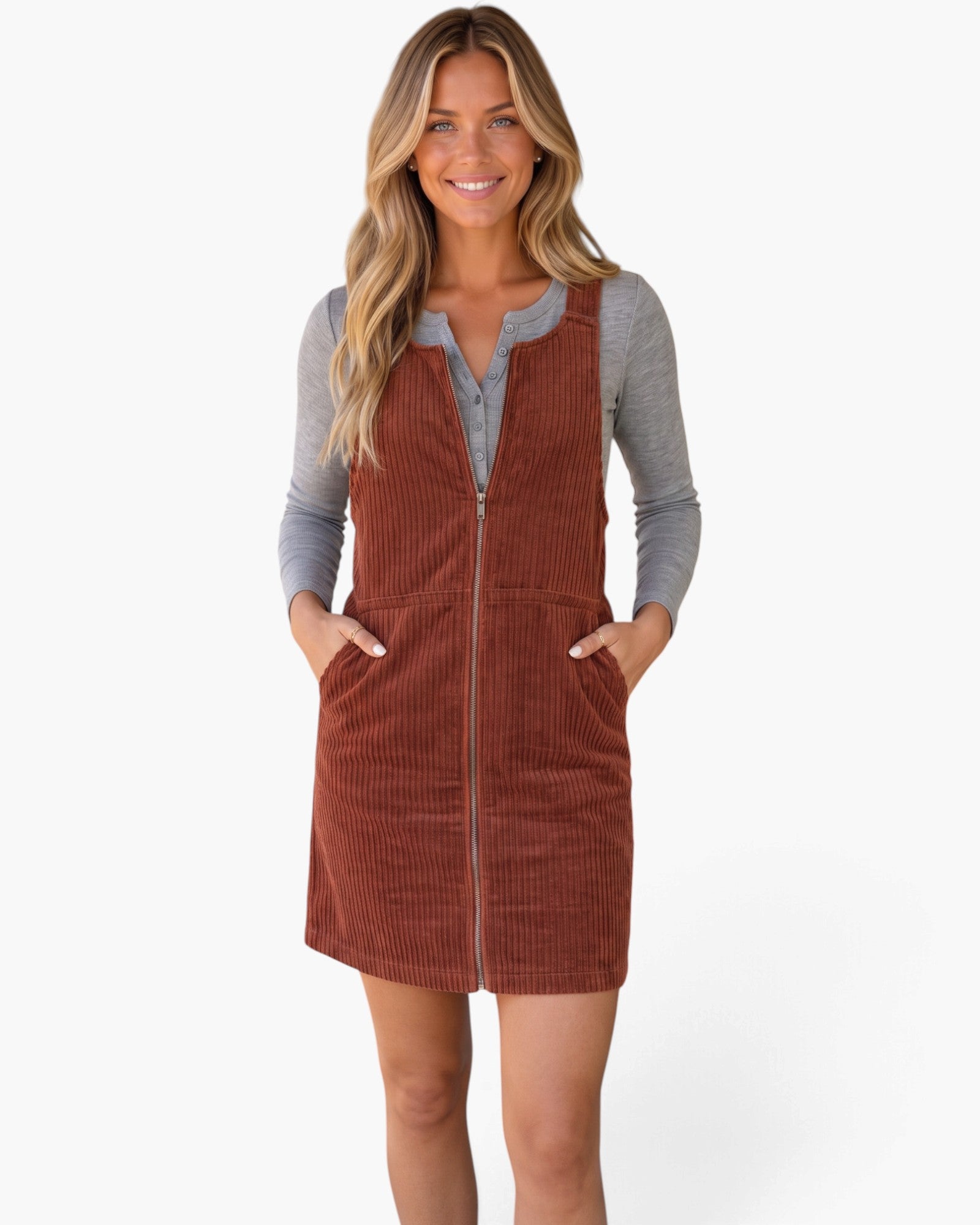 Rust Zip-Front Corduroy Pinafore Mini Dress