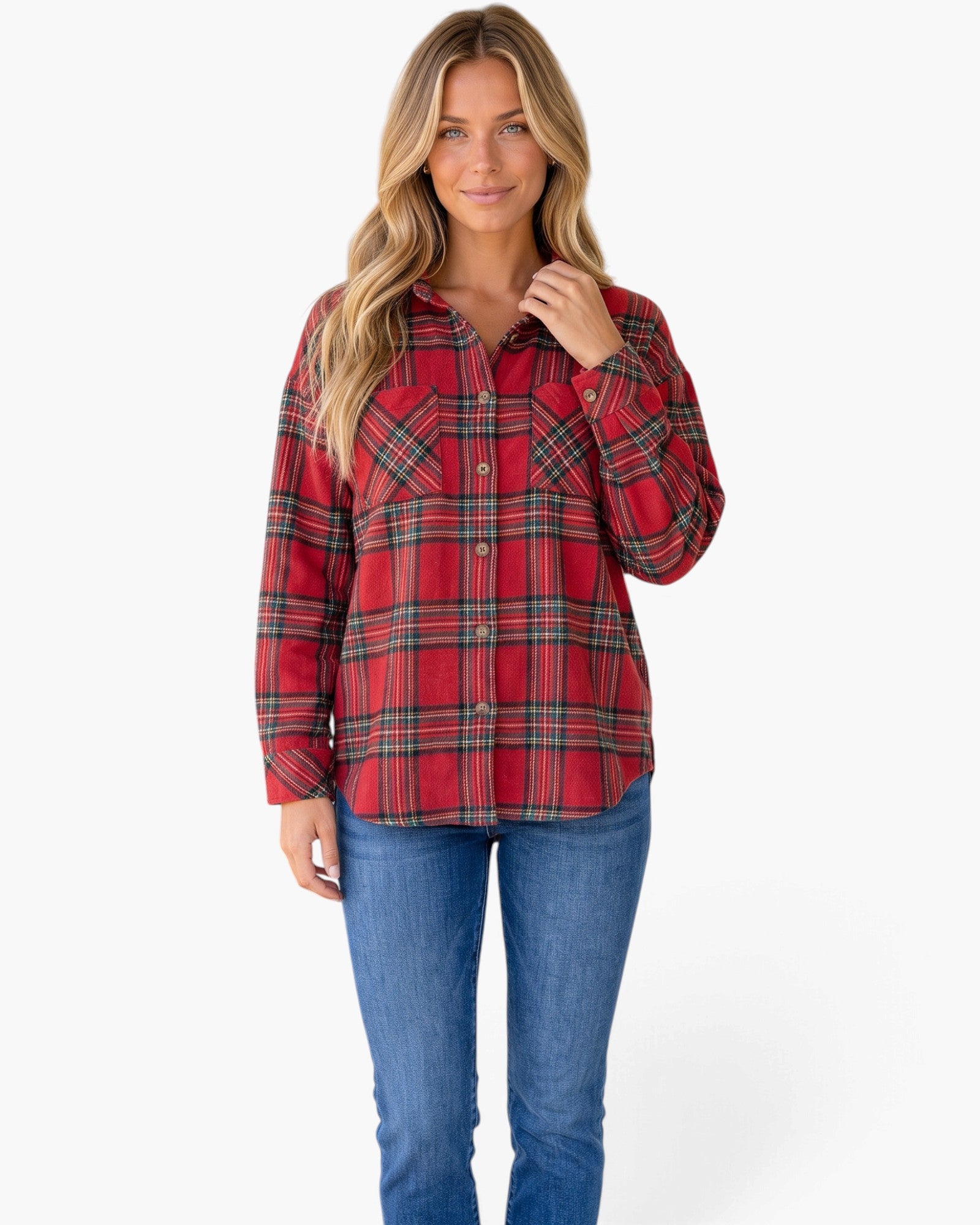 Red & Green Plaid Button-Up Shacket
