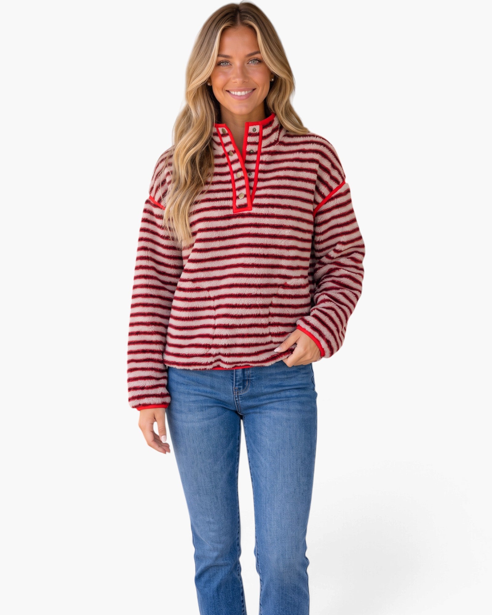 Red & Cream Striped Fleece Pullover
