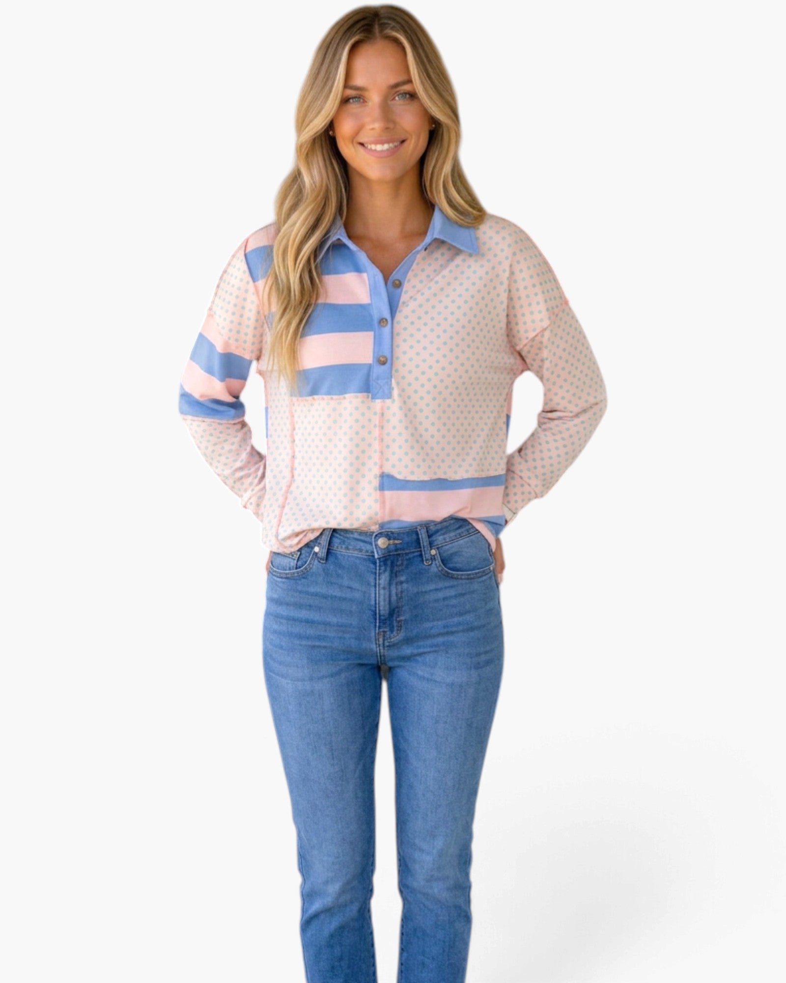 Pink & Blue Stripe & Polka Dot Collared Top