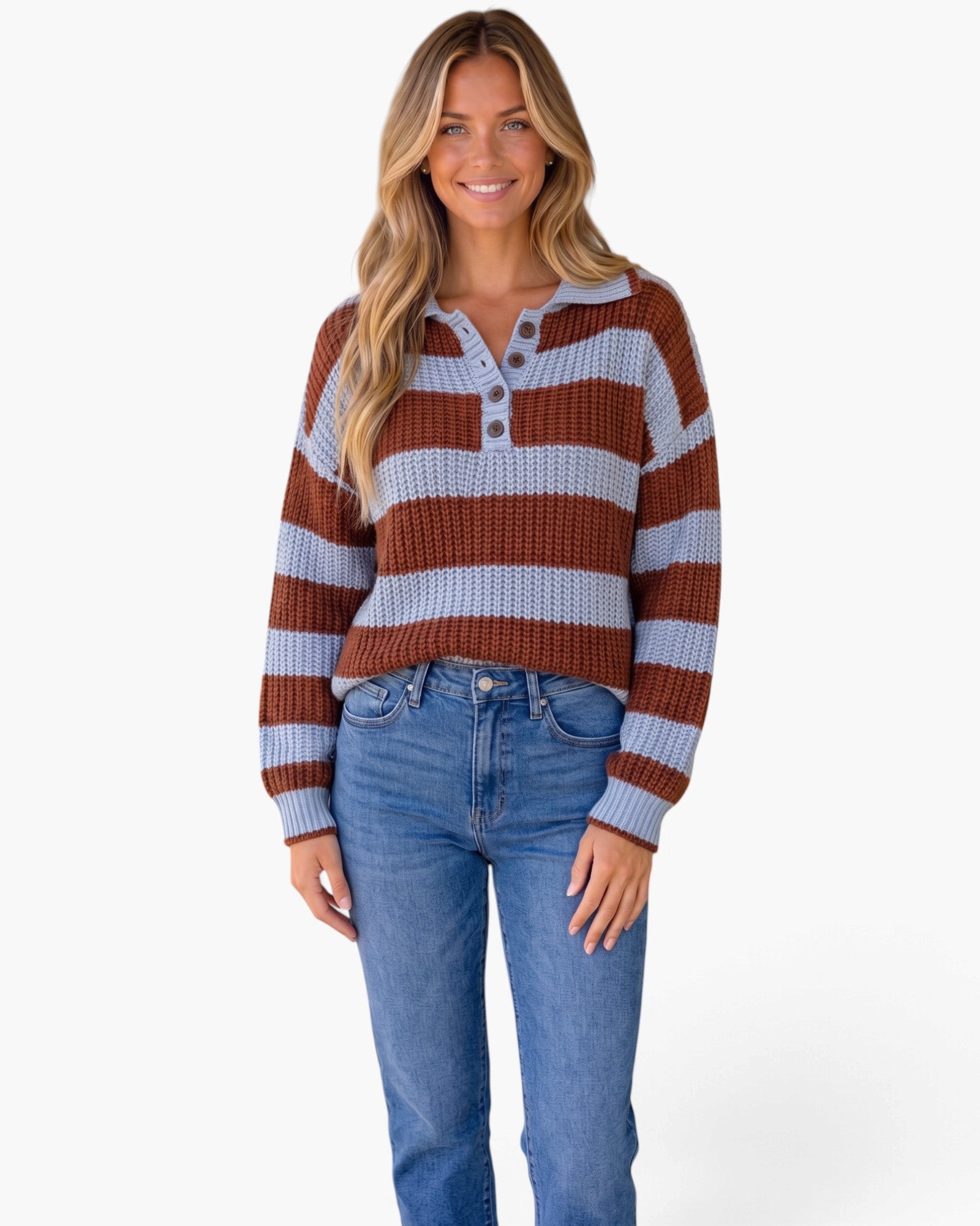 Rust & Light Blue Striped Henley Sweater