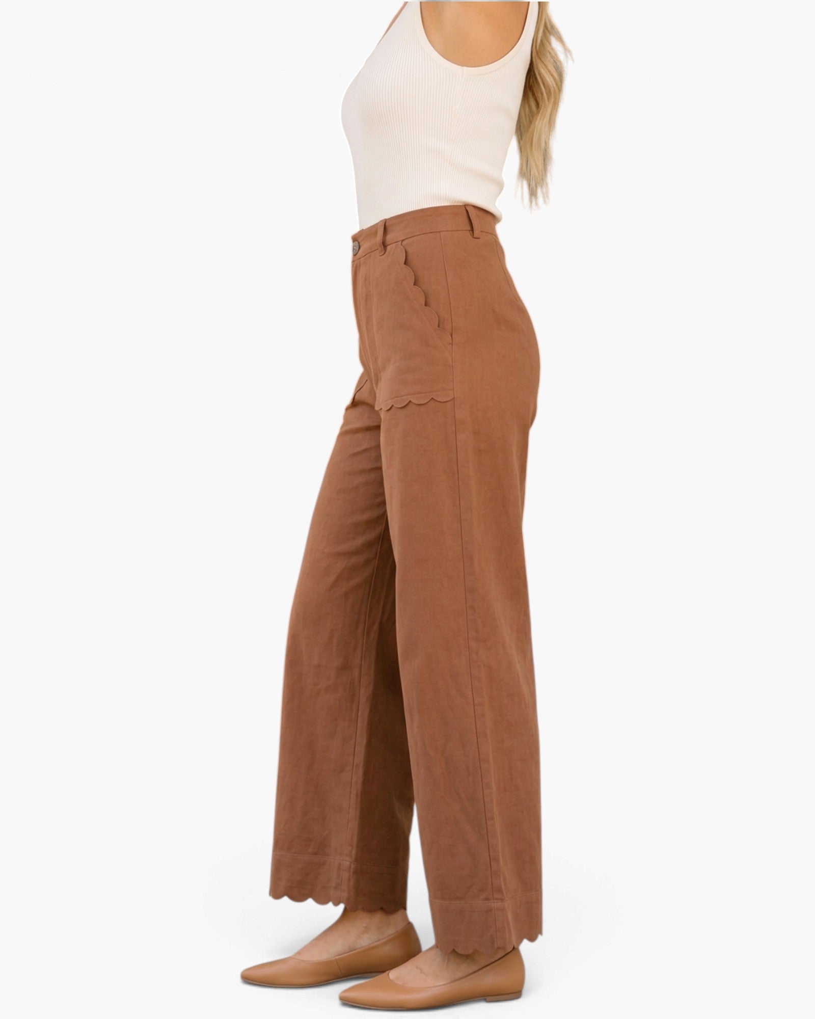 Camel Scalloped Pocket & Hem Wide-Leg Pants