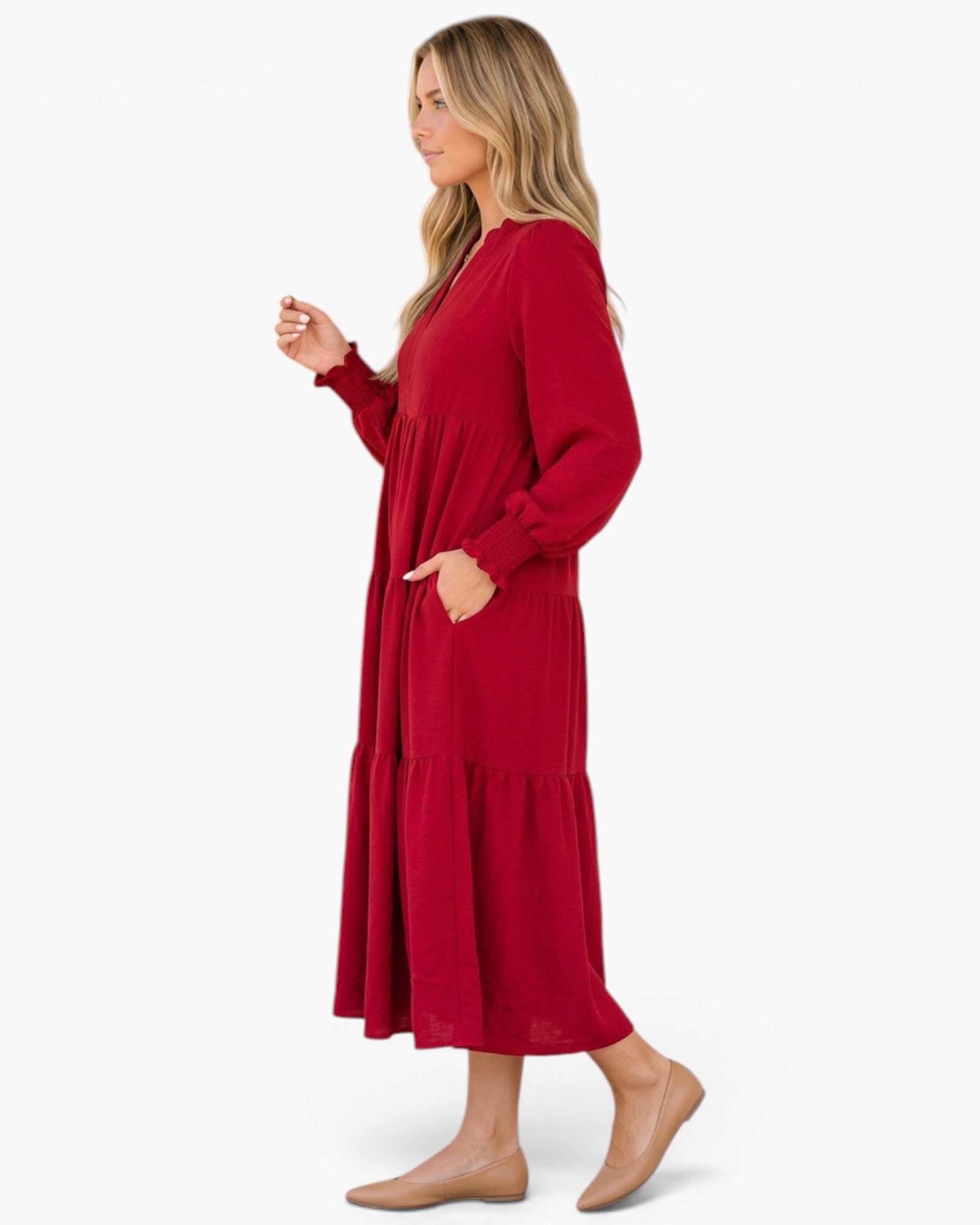 Red Balloon Sleeve Tiered Midi Dress